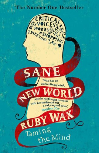 Sane New World by Ruby Wax book cover. Blue background with illustrated silhouette of a man. 