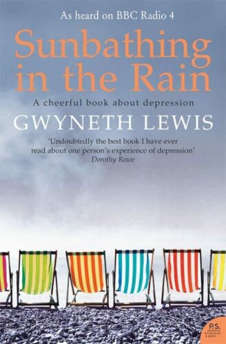 Sunbathing in the Rain by Gwyneth Lewis book cover. A grey, cloudy sky and four beach chairs.