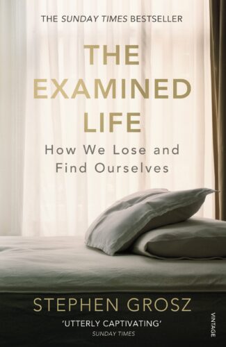 The Examined Life by Stephen Grosz book cover. Two white pillows on a bed in front of a window that has its sheer curtains drawn.